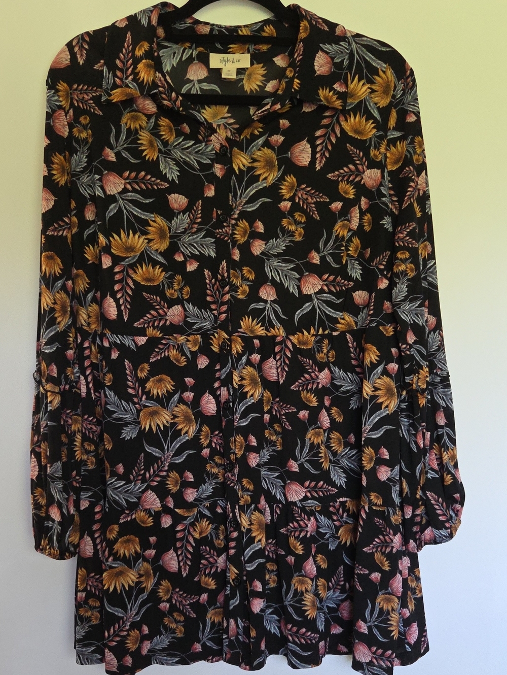Style & Co. Black Floral Tiered Button-Front Dress with Mustard & Blush Accents